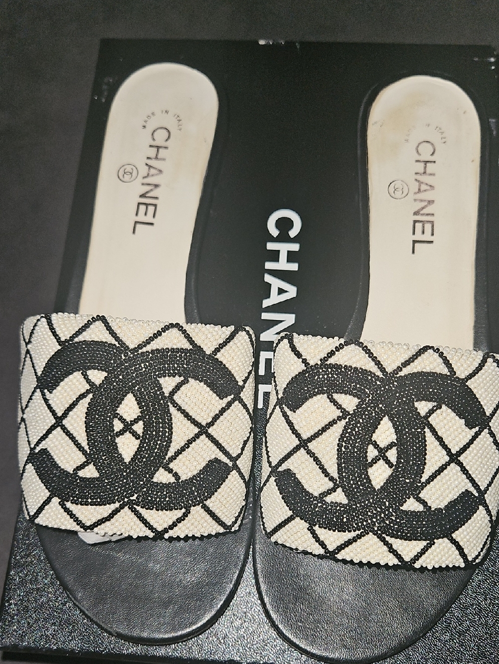 CHANEL Black & White Beaded CC Logo Slide Mules